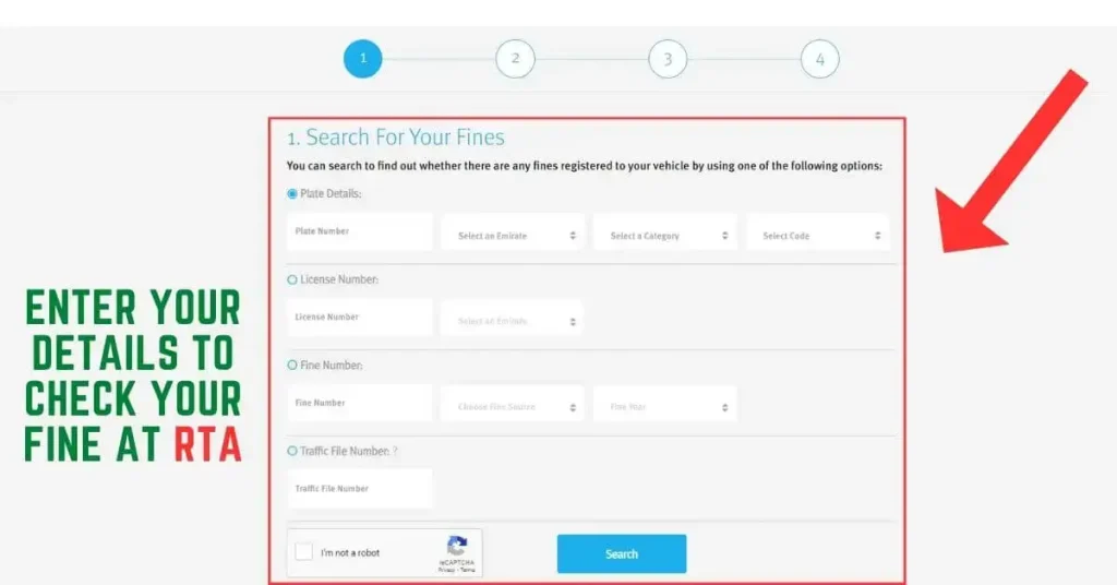 Enter your details to check your fine at rta