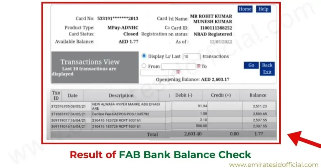 Result of FAB Bank Balance Check